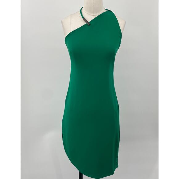 Halston Heritage Mini Dress One Shoulder Halter Choker Strap Asymmetric Green 2 - Picture 3 of 11